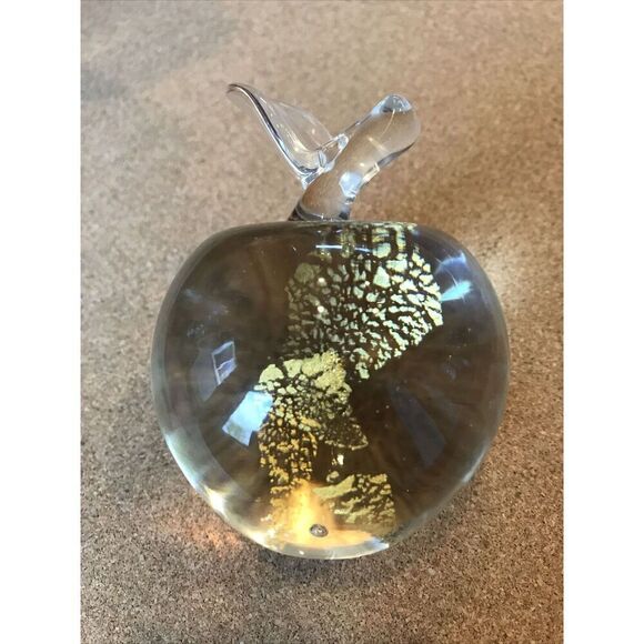 Patricia Faye Apple Paperweight Glass Clear Stem Leaf Gold Design Inside 3” - Picture 4 of 6